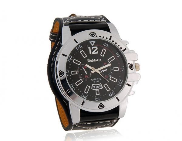 WoMaGe 9332- Analógico com PU pulseira de couro (preto)